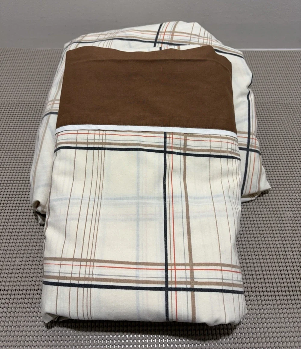 JCPenney Queen Flat & Fitted Sheet Set Plaid Solid Brown Border 2-Piece Vintage